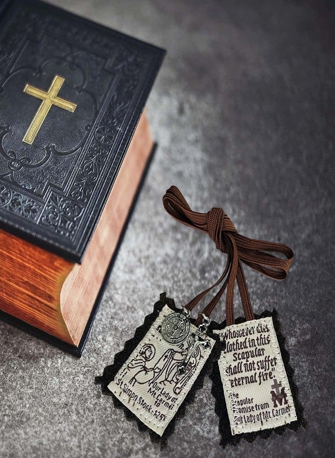 TALPGOD Brown Scapular, 3 Pack Bulk Scapulars Catholic Of Our Lady Of Mount Carmel, Escapularios Catolicos Religious Necklaces Gift With St Benedict Medal Crucifix Home Blessing Door Hanger,Catholic Decor - Image 4